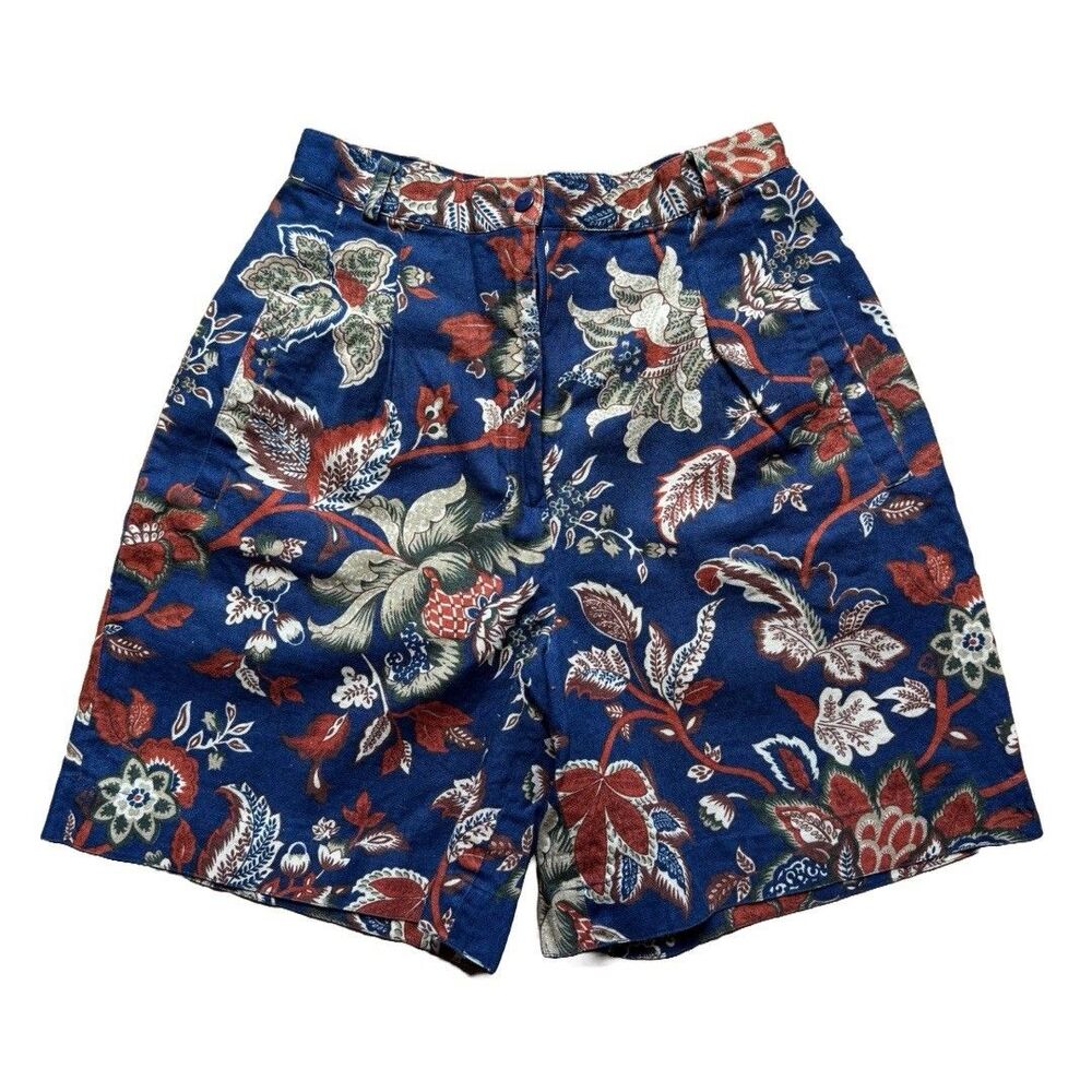 Vintage 90s Rafaella Blue/Red Tropical Floral High Rise Linen Blend Shorts Sz 10